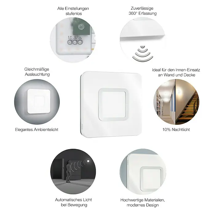 Steinel Sensor-Wand- & Deckenleuchte RS LED M1 S Edelstahl - 8,8 W, L x B x H: 20 x 20 x 5,3 cm, Weiß - Quadratische, weiße LED-Deckenleuchte mit Sensoren und verschiedenen Einstellmöglichkeiten für den Innenbereich.