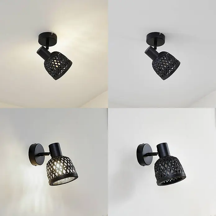 Lindby Wandleuchte Eskil - L x B x H: 10 x 10 x 15,8 cm, schwarz, E14 - Schwarz verstellbarer Strahler mit Gittermuster-Schirm, Decken- und Wandmontage gezeigt.