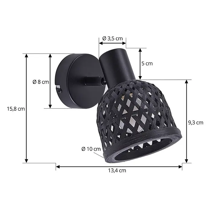 Lindby Wandleuchte Eskil - L x B x H: 10 x 10 x 15,8 cm, schwarz, E14 - Schwarze Wandleuchte mit runder Basis und verstellbarem Strahler mit geflochtenem Lampenschirm.