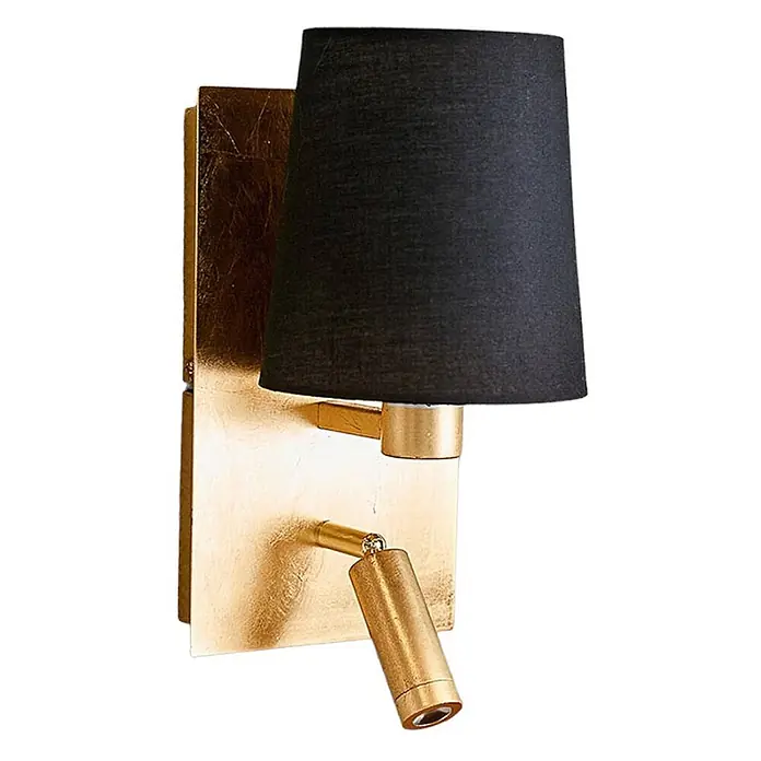 Lindby Wandleuchte Aiden - messing / gold, schwarz, E14 - Wandleuchte mit Blattgold-Finish, schwarzem Stoffschirm und integriertem verstellbarem Goldstrahler.