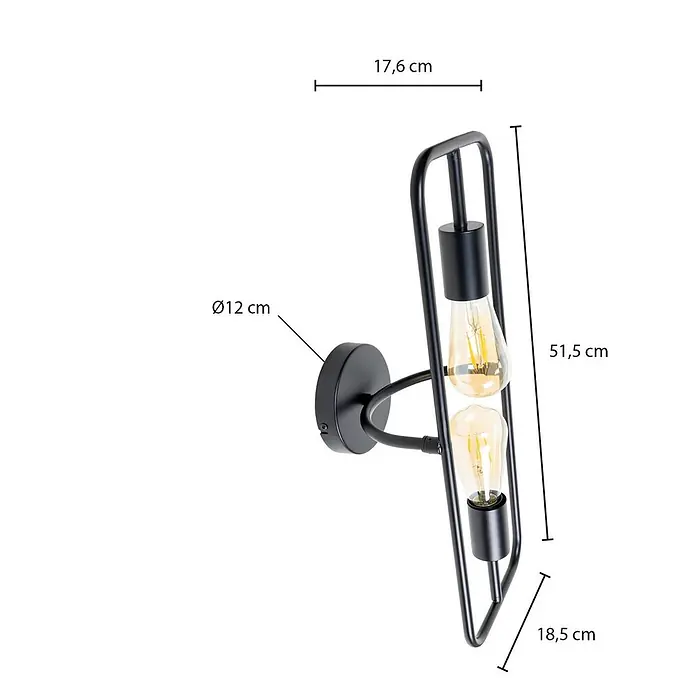 Lucande Wandleuchte Tornike - schwarz, E27 - Schwarze Wandleuchte aus Metall im Industriedesign mit zwei sichtbaren Edison-Glühbirnen und Maßen.