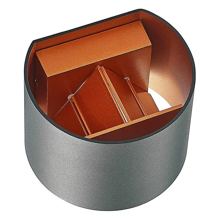 Arcchio Wandleuchte Zuzana - L x B x H: 11,2 x 13 x 9,7 cm, schwarz, G9 - Dunkelgraue halbkreisförmige Wandleuchte mit texturierter Außenseite und kupferfarbenem Innenleben mit Winkellamellen.