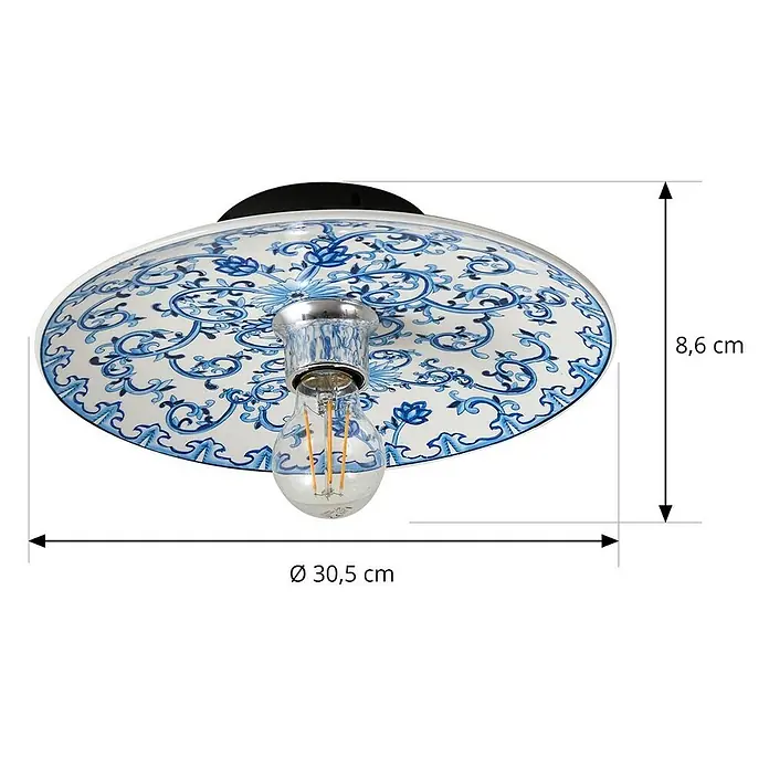 Lucande Wandleuchte Faelira - L x B x H: 30,5 x 30,5 x 8,6 cm, blau, E27 - Blaue und weiße Keramik-Deckenleuchte mit Muster, 30,5 cm Durchmesser, 8,6 cm Höhe.