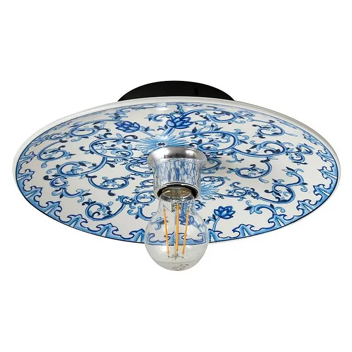 Lucande Wandleuchte Faelira - L x B x H: 30,5 x 30,5 x 8,6 cm, blau, E27 - Blau-weiß gemusterte Keramik-Deckenleuchte mit sichtbarer LED-Glühbirne.