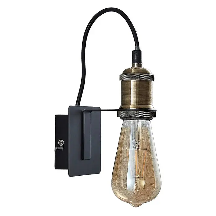 Lindby Wandleuchte Aurella - bronze / altmessing, E27 - Schwarze Wandleuchte mit antikem Messingsockel und großer klarer Edison-Glühbirne.