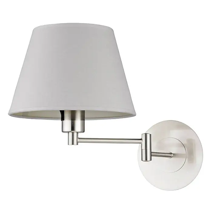 Lindby Wandleuchte Pola - alu / grau / zink, E27 - Wandleuchte mit weißem Stoffschirm, gebürstetem Nickel-Schwenkarm und runder Basis.