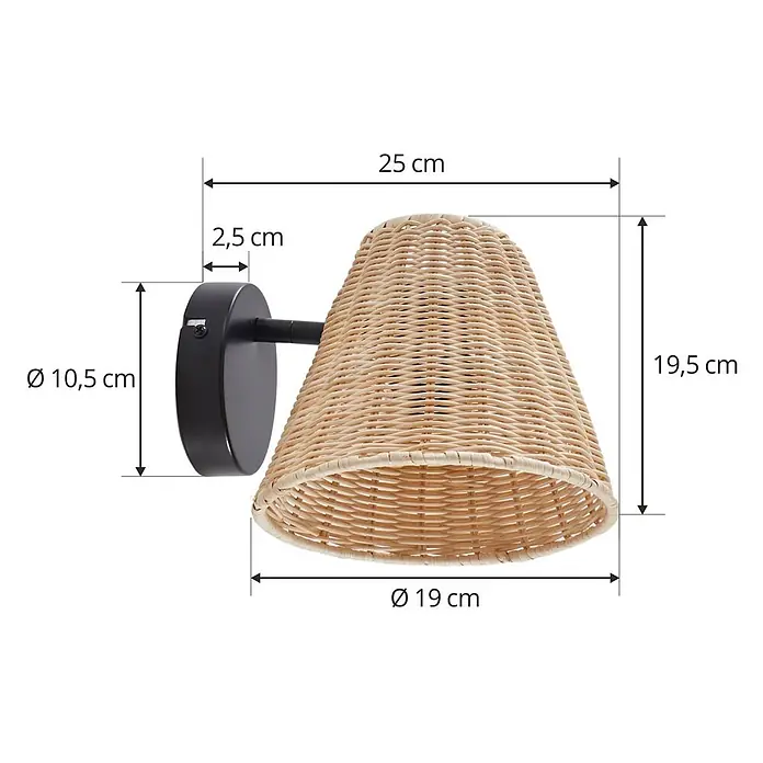 Lindby Wandleuchte Zyralia - schwarz, Holz hell, E27 - Schwarze Wandleuchte mit konischem Schirm aus Naturgeflecht.