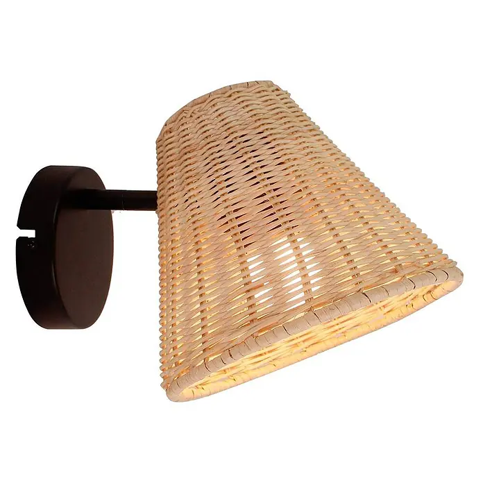 Lindby Wandleuchte Zyralia - schwarz, Holz hell, E27 - Wandleuchte mit dunkelbraunem Fuß und beleuchtetem konischem Rattanschirm.
