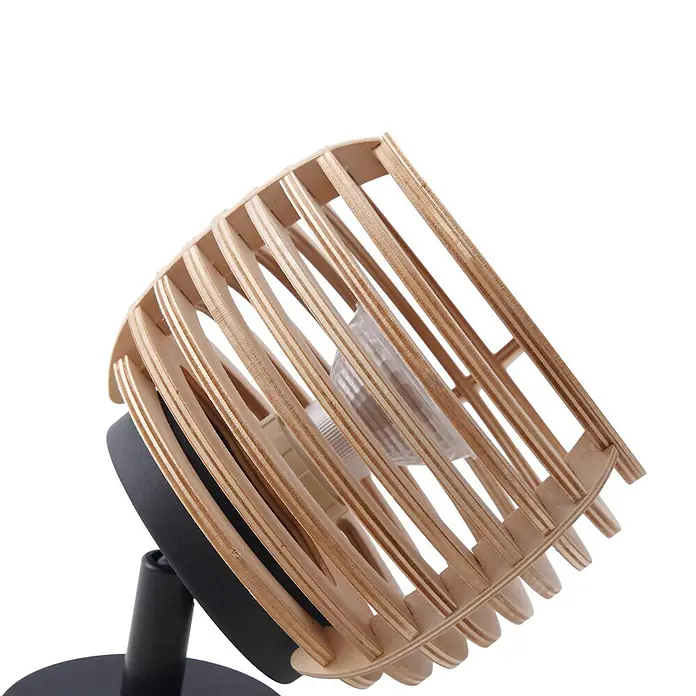 Lindby Wandleuchte Ediz - L x B x H: 17,3 x 12,7 x 12,7 cm, schwarz, Holz hell, GU10 - Moderner Strahler mit hellem Holzlamellenschirm und schwarzem verstellbarem Sockel.