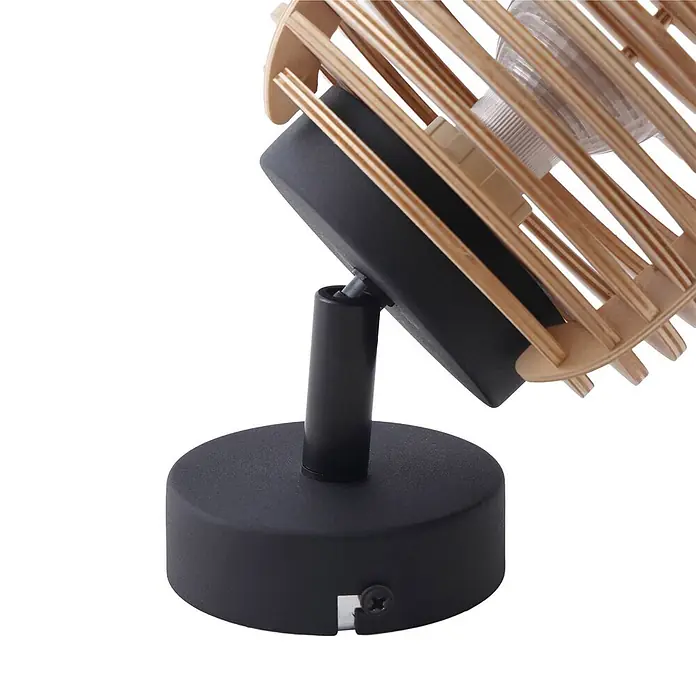Lindby Wandleuchte Ediz - L x B x H: 17,3 x 12,7 x 12,7 cm, schwarz, Holz hell, GU10 - Verstellbarer Wandstrahler mit schwarzem Sockel und offenem zylindrischem Schirm aus hellen Holzlamellen.