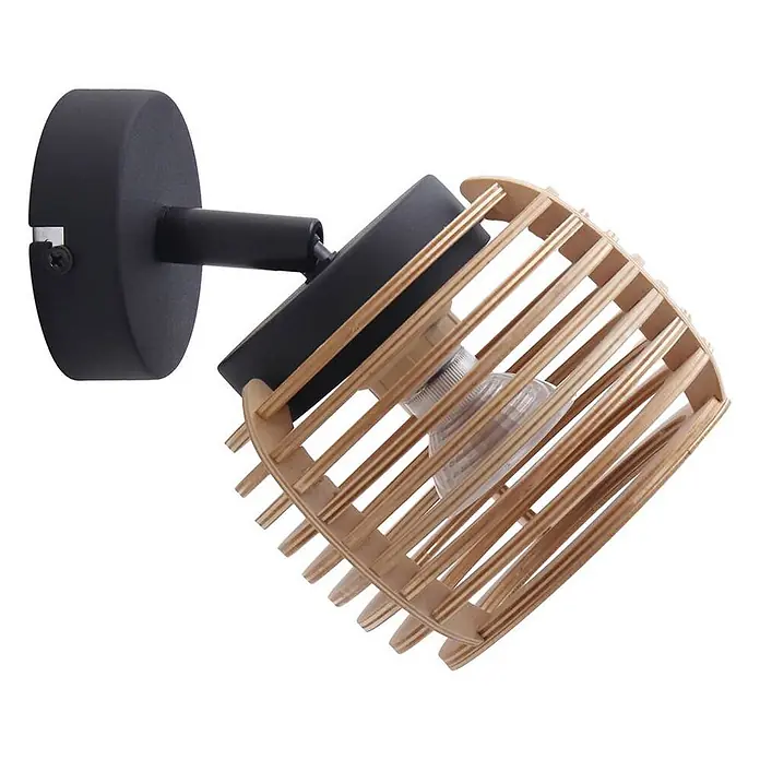 Lindby Wandleuchte Ediz - L x B x H: 17,3 x 12,7 x 12,7 cm, schwarz, Holz hell, GU10 - Schwarzer Wandstrahler mit verstellbarem Kopf und hellem Holzlamellenschirm, der eine klare Glühbirne zeigt.