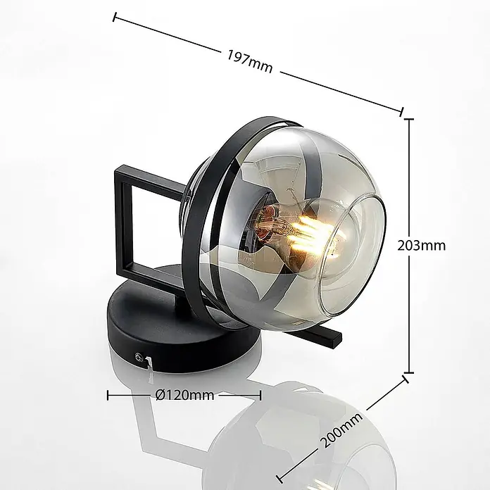 Lindby Wandleuchte Marinka - schwarz, klar / transparent, E27 - Schwarze Wandleuchte mit rauchfarbenem, kugelförmigem Glasschirm und beleuchteter Glühbirne.