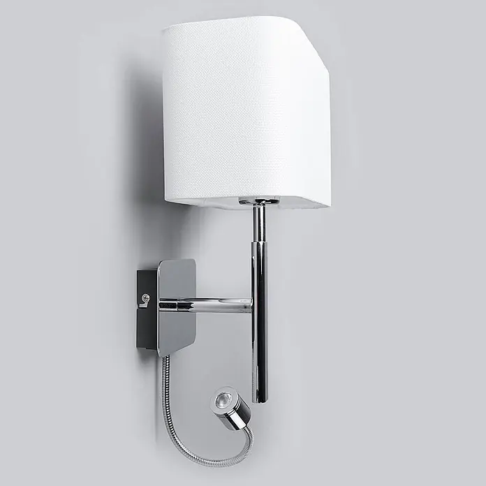 Lucande Wandleuchte Jettka - L x B x H: 18 x 28 x 63 cm, chrom / silber, E27 - Wandleuchte mit weißem Stoffschirm, Chromgehäuse und flexibler LED-Leselampe.