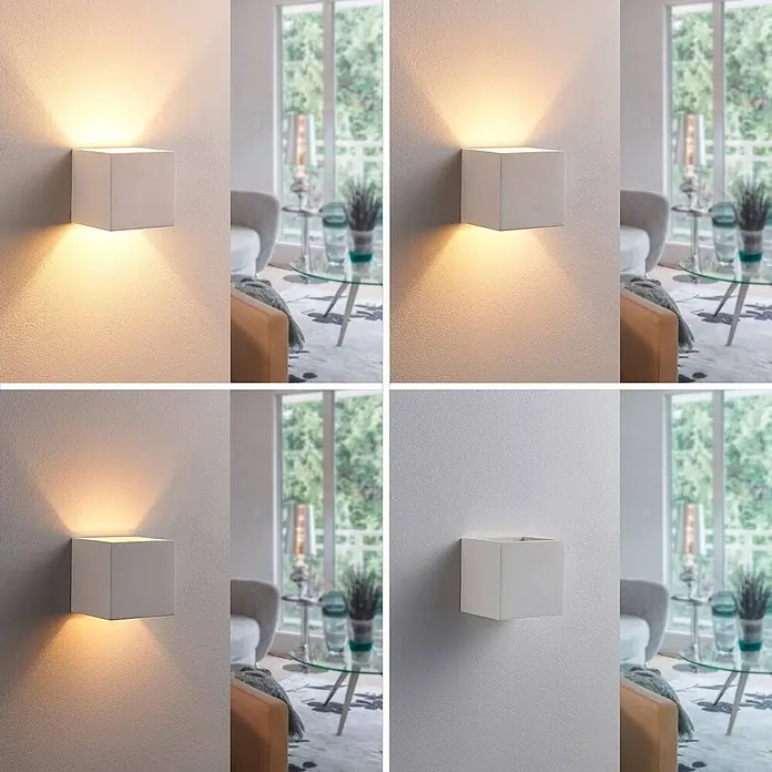Lindby Wandleuchte Kay - L x B x H: 11,5 x 11,5 x 11,5 cm, weiß / opal, G9 - Weiße quadratische Wandleuchte mit warmer Auf- und Abwärtsbeleuchtung und unbeleuchtetem Zustand.