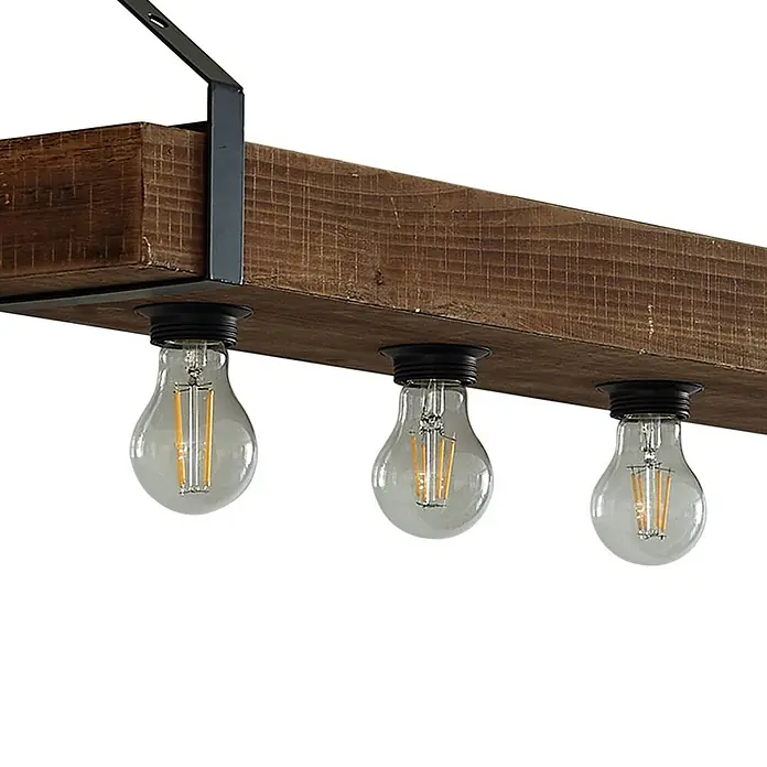 Lindby Wandleuchte Vatana - Holz dunkel, E27 - Dunkle Holzbalken-Pendelleuchte mit drei sichtbaren LED-Glühbirnen und schwarzer Metallhalterung.