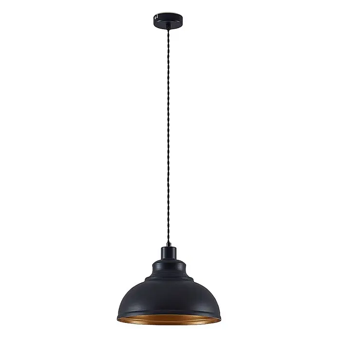 Lindby Pendelleuchte Albertine - L x B x H: 29 x 29 x 19,7 cm, schwarz, Schwarz, gold, E27 - Schwarze industrielle Pendelleuchte mit gedrehtem Kabel und goldenem Inneren.