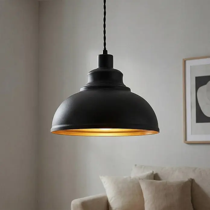 Lindby Pendelleuchte Albertine - L x B x H: 29 x 29 x 19,7 cm, schwarz, Schwarz, gold, E27 - Schwarze matte Pendelleuchte mit goldener Innenseite.