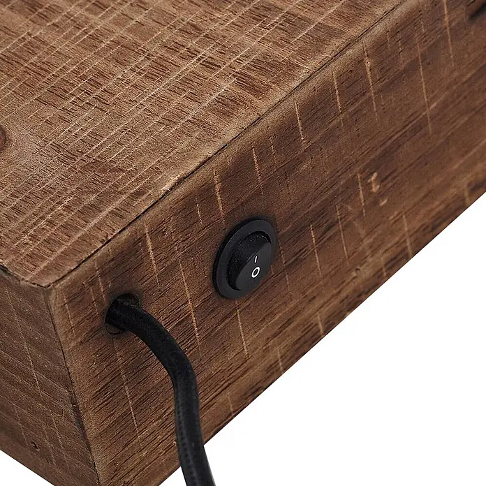 Lindby Wandleuchte Vatana - Holz dunkel, E27 - Rustikale braune Holzbasis mit schwarzem Kippschalter und geflochtenem Stromkabel.