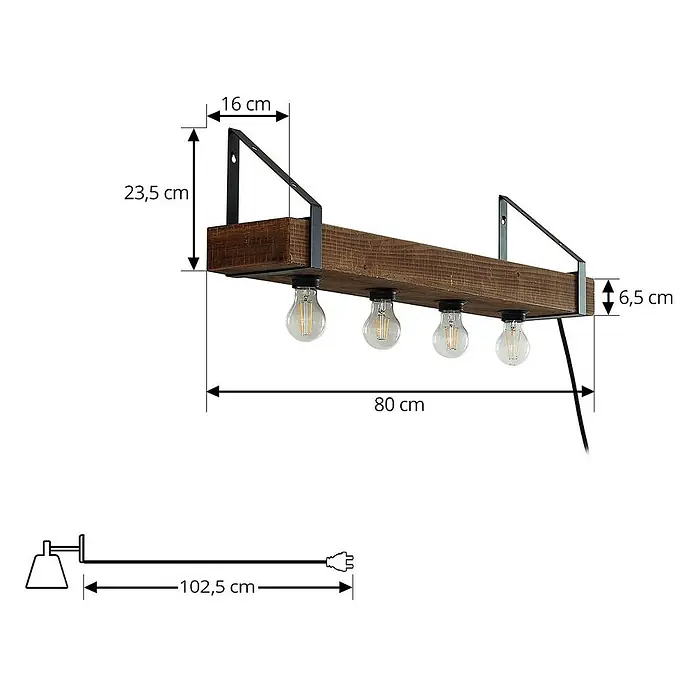Lindby Wandleuchte Vatana - Holz dunkel, E27 - Rustikale Holzbalken-Pendelleuchte mit vier Edison-Glühbirnen und Metallhalterungen.