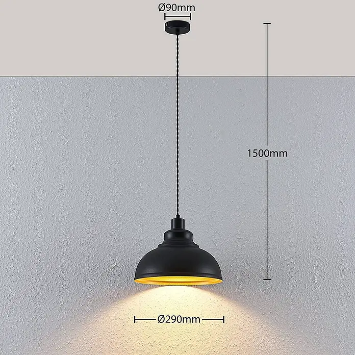 Lindby Pendelleuchte Albertine - L x B x H: 29 x 29 x 19,7 cm, schwarz, Schwarz, gold, E27 - Schwarze Pendelleuchte mit gelbem Innenbereich und 290mm Durchmesser Schirm, hängt 1500mm von der Decke.
