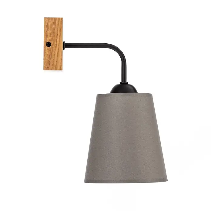 Envostar Wandleuchte Risco - L x B x H: 21 x 15 x 30 cm, Holz hell, alu / grau / zink, E27 - Wandleuchte mit rechteckigem Holzsockel, schwarzem gebogenem Arm und grauem konischem Stofflampenschirm.