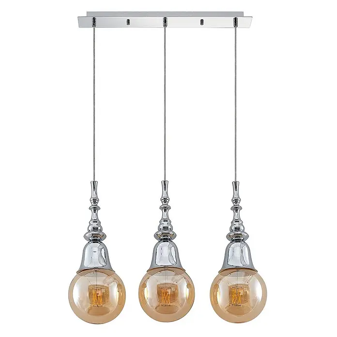 Lucande Pendelleuchte Gesja - L x B x H: 63,5 x 13,5 x 32,5 cm, chrom, E27 - Dreiflammige Pendelleuchte mit Chromstange, dekorativen Silberelementen und bernsteinfarbenen Kugelglasschirmen.