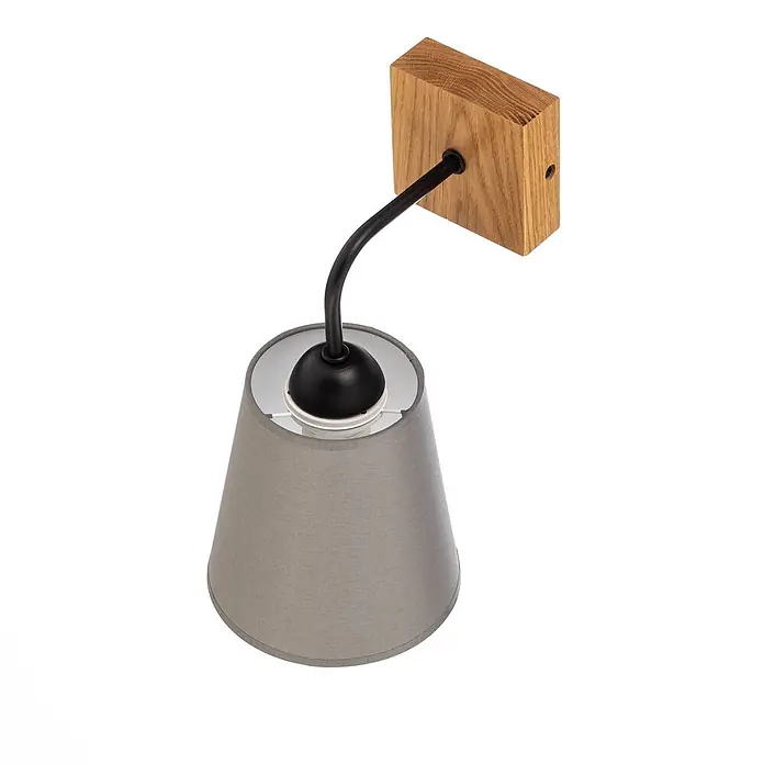 Envostar Wandleuchte Risco - L x B x H: 21 x 15 x 30 cm, Holz hell, alu / grau / zink, E27 - Wandleuchte mit rechteckiger Holzbasis, gebogenem schwarzem Metallarm und grauem konischem Stofflampenschirm.