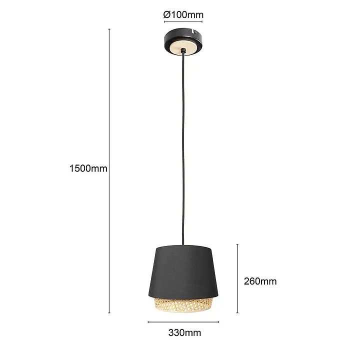 Lindby Pendelleuchte Ananya - L x B x H: 33 x 33 x 19 cm, schwarz, Schwarz, holz hell, E27 - Schwarze Pendelleuchte mit Textilschirm und Rattangeflecht. Schwarzes Kabel und Deckenbefestigung.