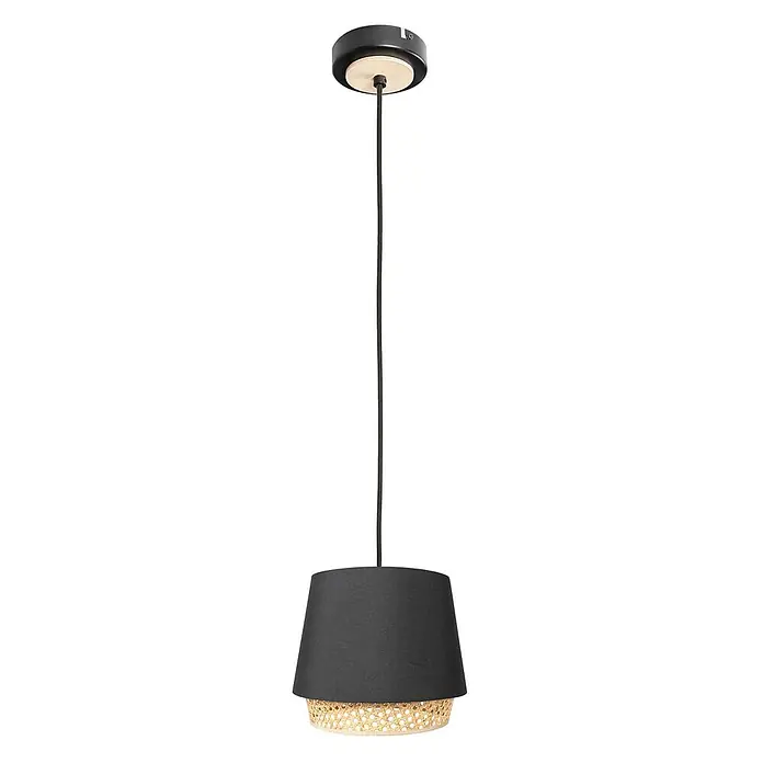 Lindby Pendelleuchte Ananya - L x B x H: 33 x 33 x 19 cm, schwarz, Schwarz, holz hell, E27 - Schwarze Pendelleuchte aus Stoff mit Rattanboden und schwarzer Deckenhalterung.