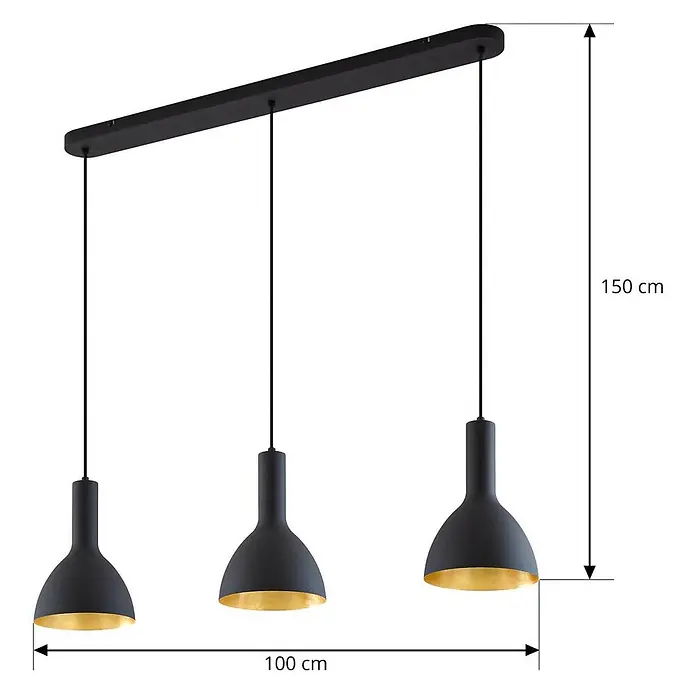 Arcchio Pendelleuchte Cosmina - L x B x H: 100 x 17,5 x 26 cm, schwarz, Schwarz, gold, E27 - Dreiflammige schwarze Pendelleuchte mit goldfarbenen Innenseiten und schwarzer Leiste, 100 cm lang und 150 cm hoch.