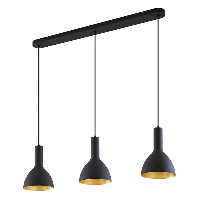 Arcchio Pendelleuchte Cosmina - L x B x H: 100 x 17,5 x 26 cm, schwarz, Schwarz, gold, E27 - Schwarze dreiflammige Pendelleuchte mit goldfarbenen Innenschirmen, hängend von einer linearen Deckenstange.
