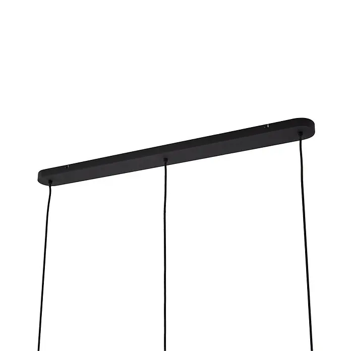 Arcchio Pendelleuchte Cosmina - L x B x H: 100 x 17,5 x 26 cm, schwarz, Schwarz, gold, E27 - Schwarzer, länglicher Deckenbaldachin mit drei schwarzen Pendelschnüren.