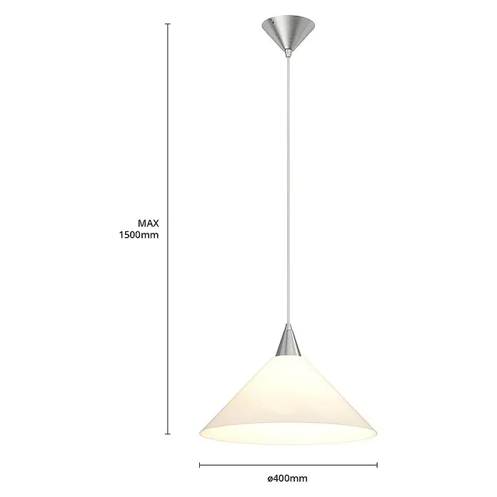 Lindby Pendelleuchte Petra - L x B x H: 40 x 40 x 17 cm, weiß / opal, weiß, E27 - Konische Pendelleuchte aus weißem Glas mit gebürsteten Metalldetails, max. 1500 mm Höhe, 400 mm Durchmesser.