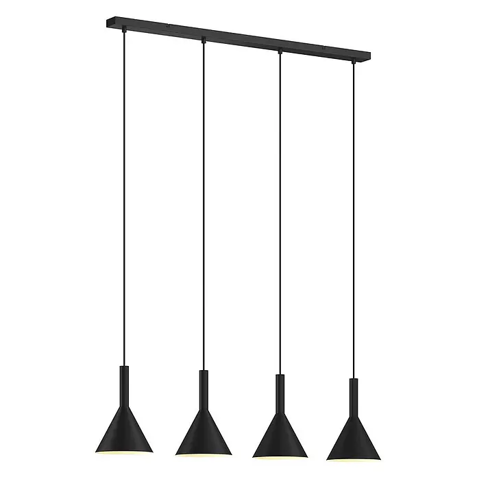 Arcchio Pendelleuchte Tadej - L x B x H: 112 x 19 x 28 cm, schwarz, Schwarz, weiß, E27 - Schwarze lineare Hängelampe mit vier kegelförmigen Schirmen.
