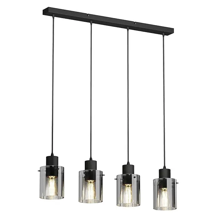 Lindby Pendelleuchte Kourtney - L x B x H: 75 x 12 x 18 cm, alu / grau / zink, Schwarz, rauchgrau, E27 - Vierflammige schwarze Pendelleuchte mit klaren Glasschirmen und warm leuchtenden Birnen an einer rechteckigen Leiste.