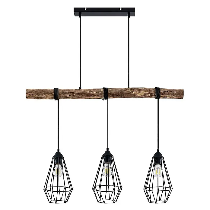 Lindby Pendelleuchte Eldarion - schwarz, Schwarz matt, holz hell, E27 - Pendelleuchte aus Holzbalken mit drei schwarzen geometrischen Käfig-Lampenschirmen.