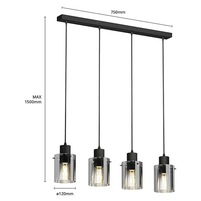 Lindby Pendelleuchte Kourtney - L x B x H: 75 x 12 x 18 cm, alu / grau / zink, Schwarz, rauchgrau, E27 - Schwarze 4-flammige lineare Pendelleuchte mit klaren Glasschirmen und sichtbaren Filamentbirnen. Max. 1500mm Hängehöhe, 750mm Stangenlänge.