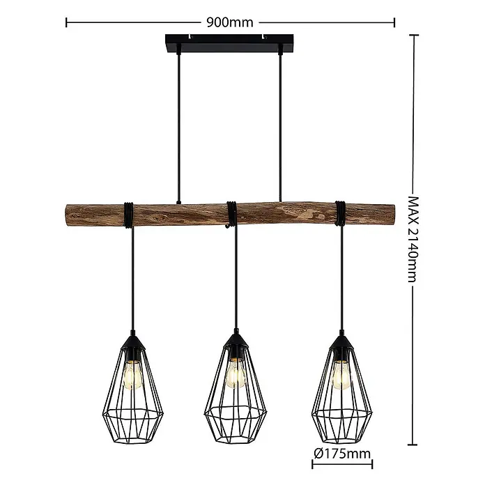 Lindby Pendelleuchte Eldarion - schwarz, Schwarz matt, holz hell, E27 - Hängeleuchte im Industriestil mit Holzbalken und drei schwarzen Metallkäfiglampen, 900mm breit.