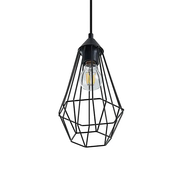 Lindby Pendelleuchte Eldarion - schwarz, Schwarz matt, holz hell, E27 - Schwarze geometrische Drahtkäfig-Pendelleuchte mit sichtbarer LED-Filamentbirne.