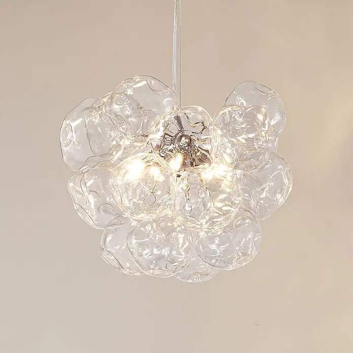 Lucande Pendelleuchte Diborah - L x B x H: 43 x 43 x 40 cm, klar / transparent, transparent, chrom, G9 - Moderne Hängelampe aus klarem Glas mit unregelmäßigen Blasen und warmen Lichtern.