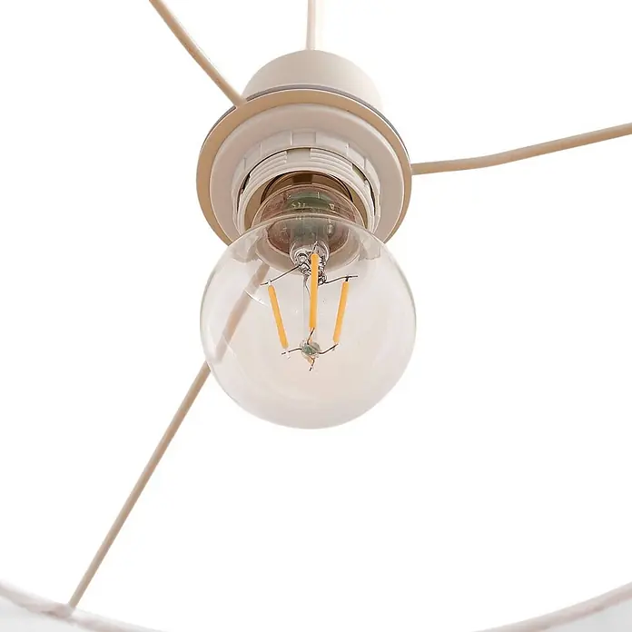 Lindby Pendelleuchte Libbie - L x B x H: 45 x 45 x 28 cm, creme / amber, cremefarben, E27 - Eine klare kugelförmige LED-Glühfadenlampe in einer cremefarbenen E27-Lampenfassung mit dünnen beigen Rahmenstäben.