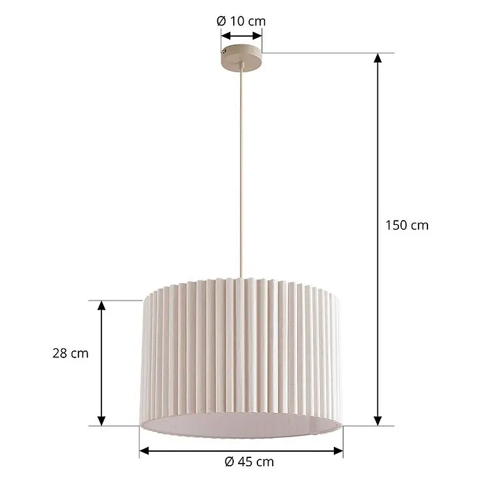 Lindby Pendelleuchte Libbie - L x B x H: 45 x 45 x 28 cm, creme / amber, cremefarben, E27 - Helle beige plissierte Stoff-Pendelleuchte, 150 cm hoch, mit einem Lampenschirm von 45 cm Durchmesser.