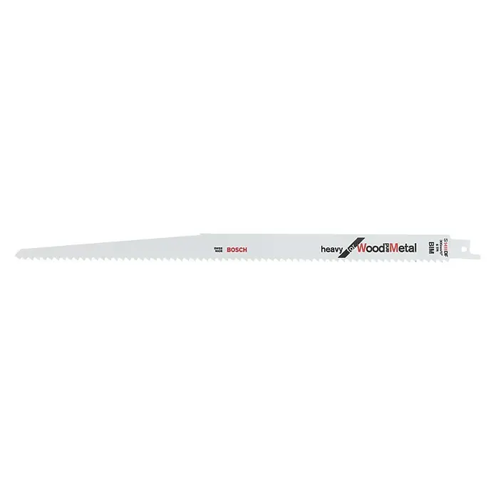 Bosch Hoja de sierra de sable S 1411 DF Heavy for Wood and Metal - Metales no ferrosos, Largo: 300 mm - La imagen muestra una hoja de sierra recíproca Bosch, ideal para trabajos pesados de madera y metal. Es robusta y precisa para diversas aplicaciones.
