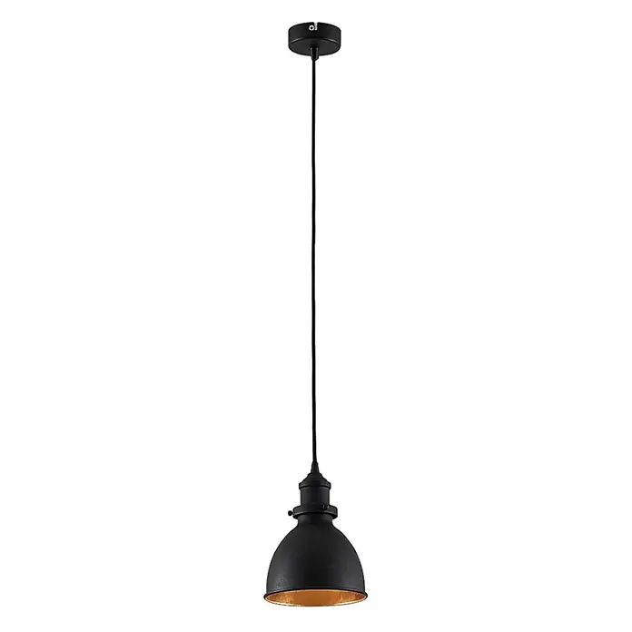 Lindby Pendelleuchte Jasminka - L x B x H: 15,5 x 15,5 x 20 cm, schwarz, Schwarz, gold, E27 - Schwarze Pendelleuchte aus Metall mit goldener Innenseite, an einem Kabel hängend.