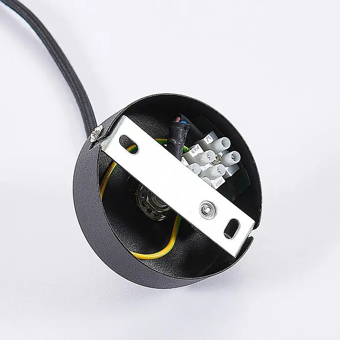 Lindby Pendelleuchte Jasminka - L x B x H: 15,5 x 15,5 x 20 cm, schwarz, Schwarz, gold, E27 - Schwarze Deckenrosette mit interner Verkabelung, Klemmenblock und silbernem Montagebügel.