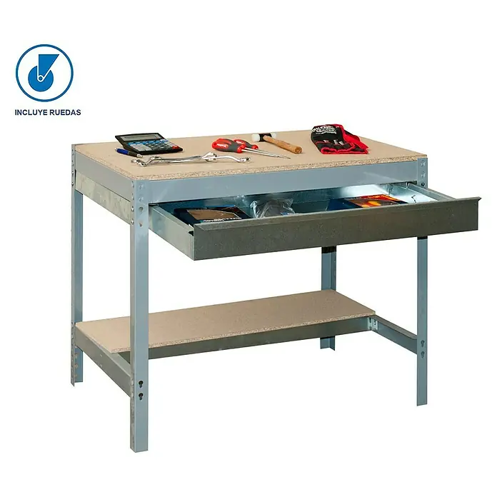 Simonrack Simonwork Banco de trabajo BT0 Box Mobile - L x An: 76 x 121 cm, Altura de trabajo: 91,7 cm, Carga soportada: 120 kg, Gris - Banco de trabajo con cajón y estante, ideal para taller y sala de hobbies. Superficie de trabajo práctica para guardar herramientas.