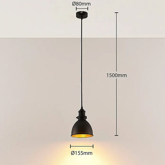 Lindby Pendelleuchte Jasminka - L x B x H: 15,5 x 15,5 x 20 cm, schwarz, Schwarz, gold, E27 - Schwarze Pendelleuchte im Industriestil mit goldener Innenseite, von der Decke hängend.