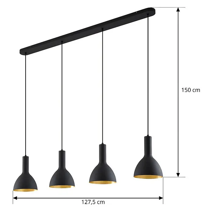 Arcchio Pendelleuchte Cosmina - schwarz, Schwarz, gold, E27 - Schwarze, lineare Hängeleuchte mit vier Lampen, goldener Innenseite, 127,5 cm lang, 150 cm hoch.