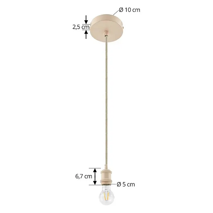 Lindby Pendelleuchte Hattie - creme / amber, beige, E27 - Hellbeige Einzelleuchten-Pendelleuchte mit Textilkabel; Maße für Baldachin und Leuchtmittel gezeigt.