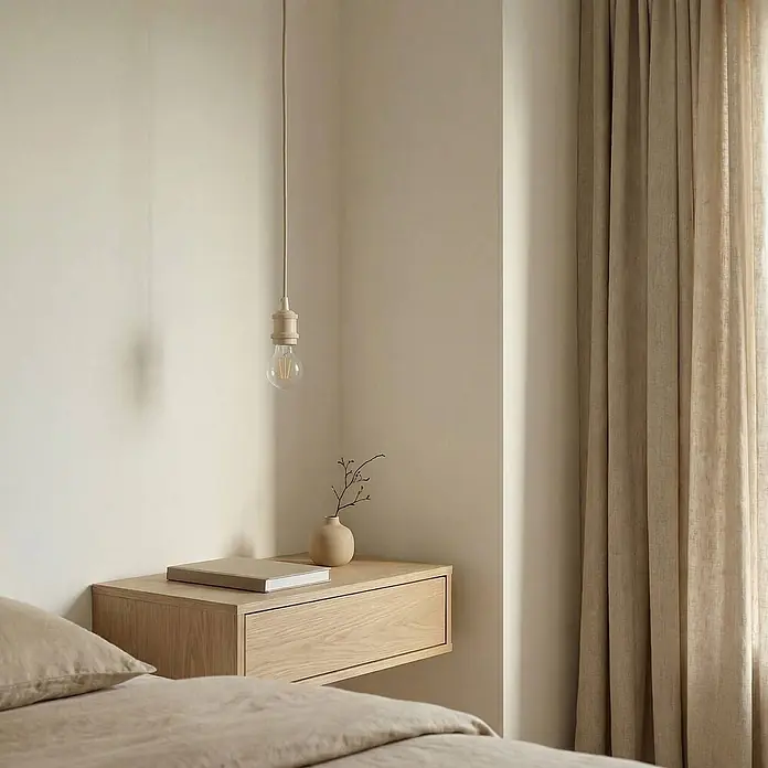 Lindby Pendelleuchte Hattie - creme / amber, beige, E27 - Heller schwebender Nachttisch aus Holz mit Schublade am Bett, mit Buch, Vase und Pendelleuchte.